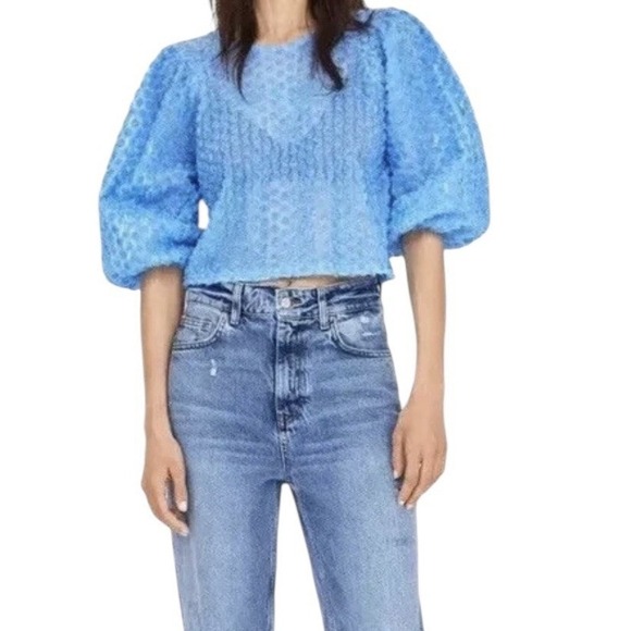 Zara Tops - Zara Top Women's Small Blue‎ Floral Roae Bud Tulle Puff Sleeve Cropped Formal